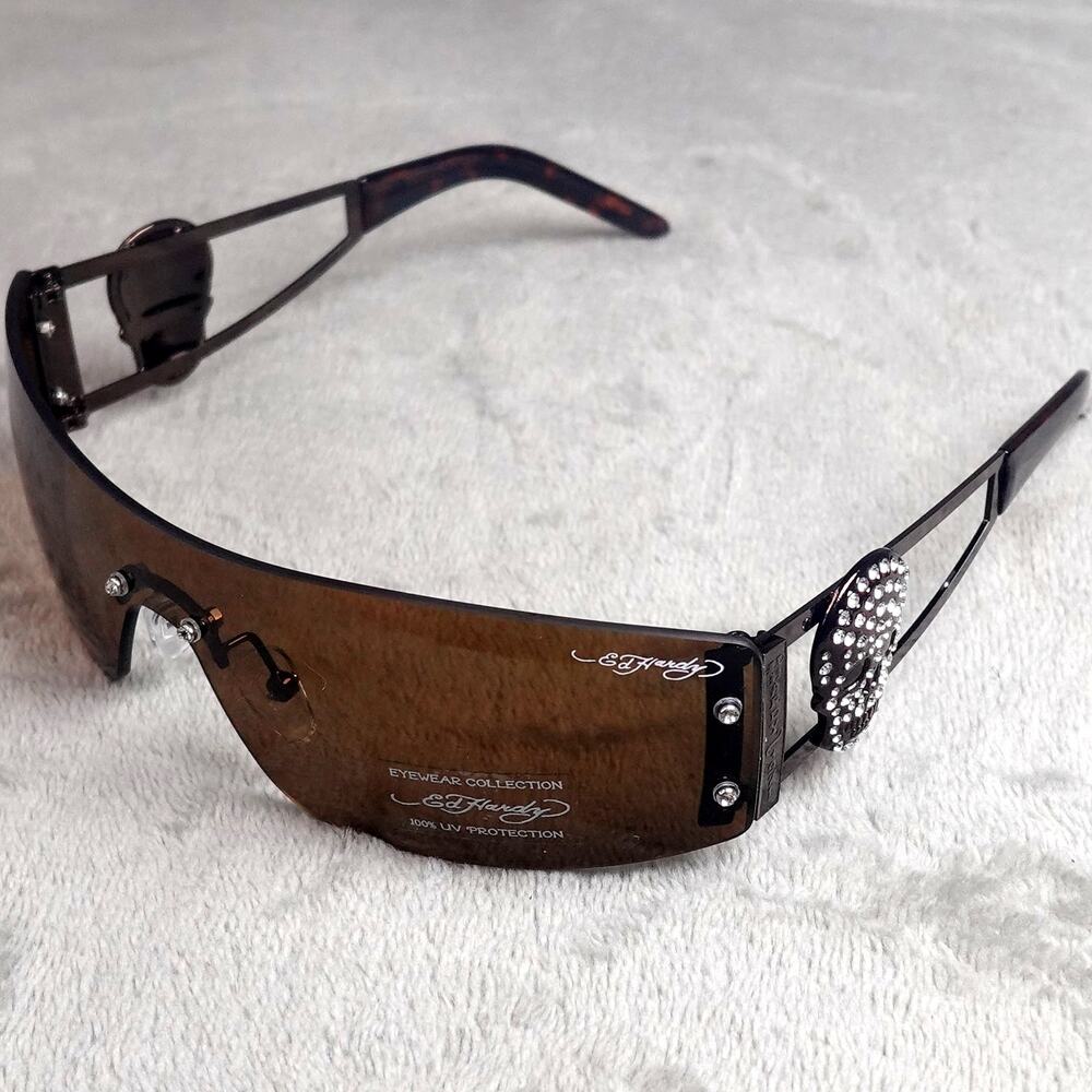 Ed Hardy Rhinestone Skull Shield Sunglasses Brown Gradient UV400 NEW